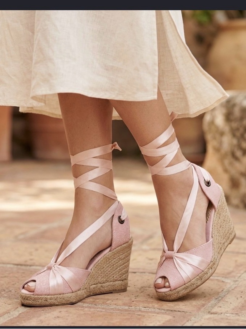 platform tie-up wedge espadrille sandal golden canvas w/pink ribbon shoe 5 1/2
